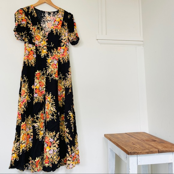 Free People Dresses & Skirts - Free people Black Floral Maxi Button Up Dress